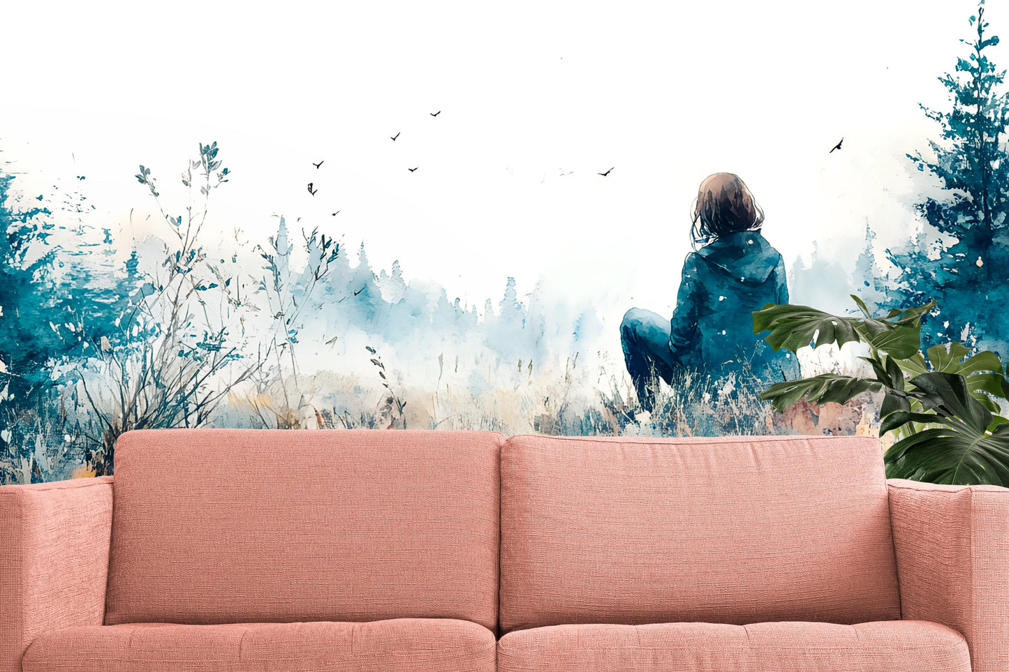 Watercolor Forest Wall Mural – Girl in Nature Art – Serene Blue Landscape Wall Art for Living Room Vn349