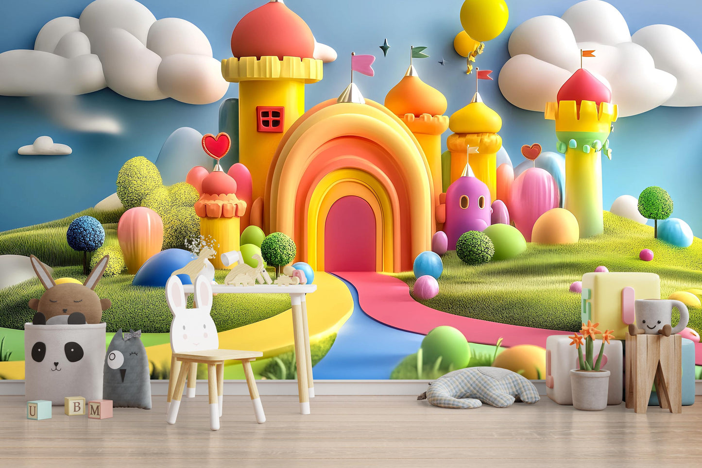 Colorful Fantasy Castle Nursery Wall Art | Whimsical Baby Room Mural | Rainbow Fairy Tale Print for Kids Room | Digital Download Vn331