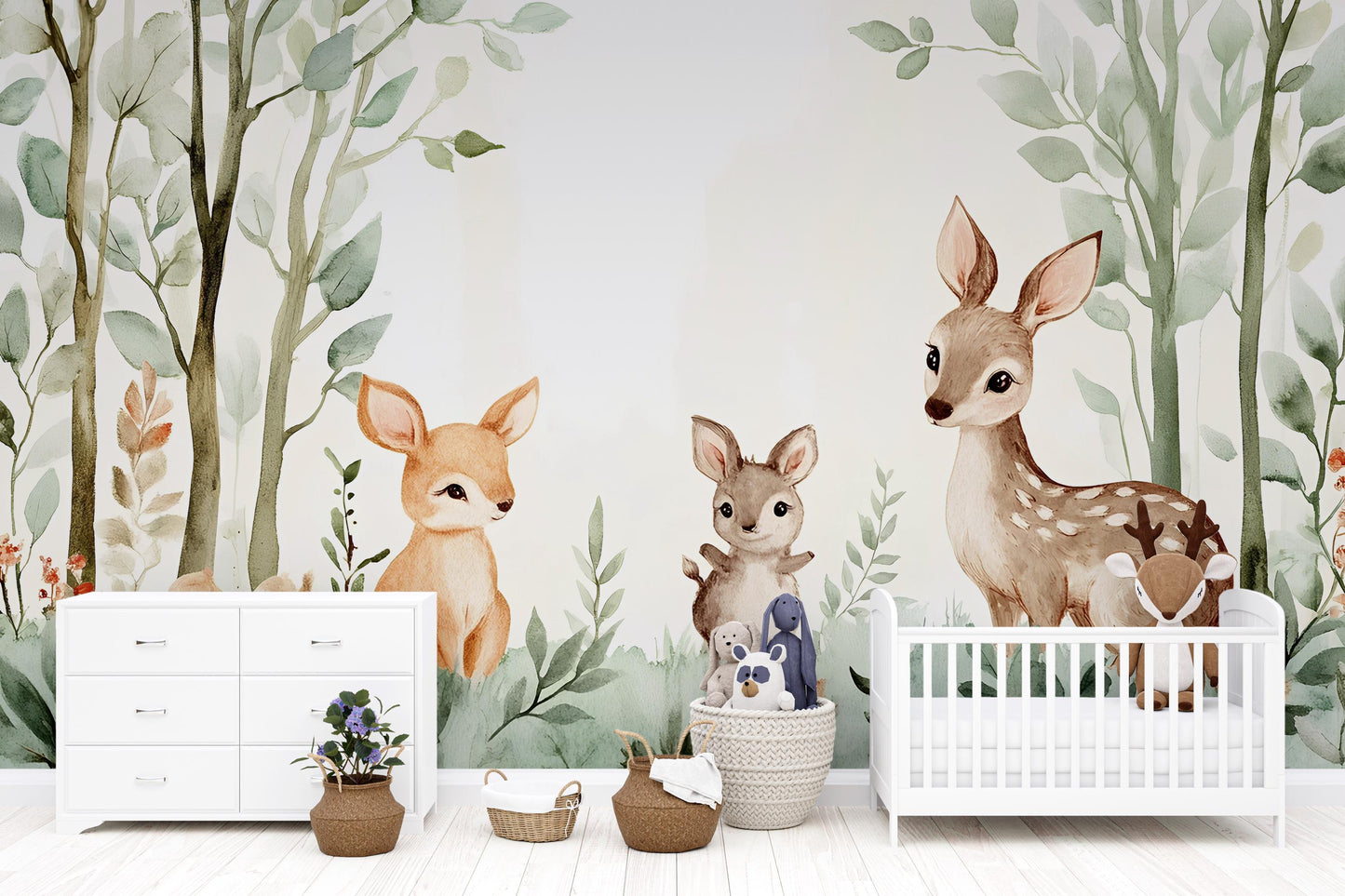 Woodland Animal Nursery Wall Mural – Deer & Bunny Forest Wallpaper – Baby Room Decor – Removable Kids Wall Art Vn 296