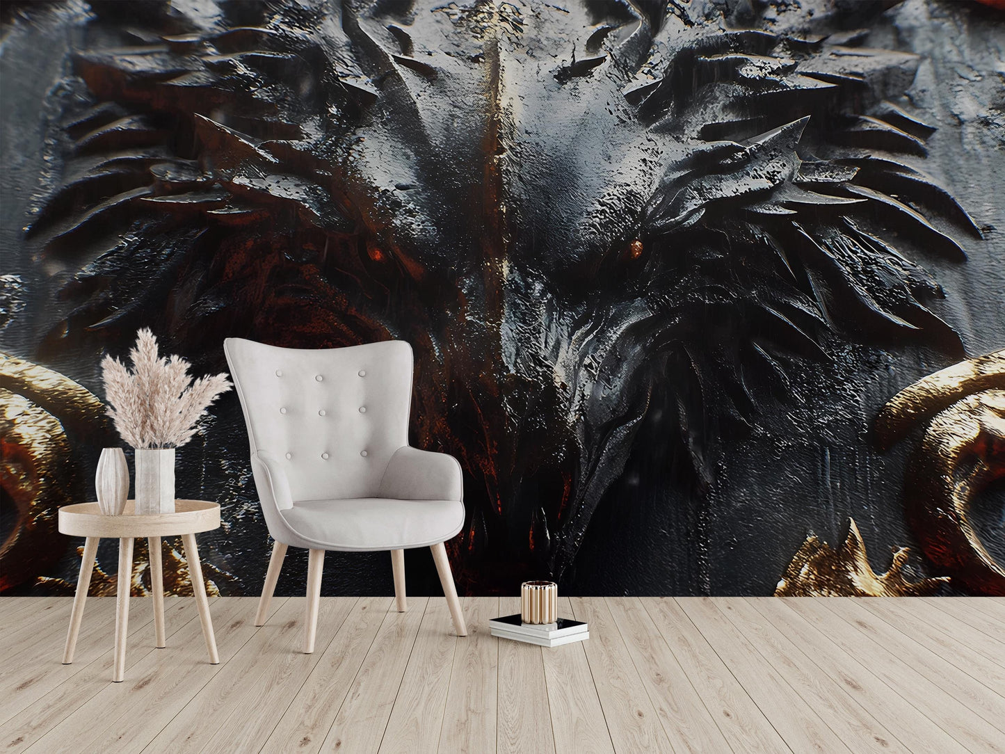 Dark Fantasy Dragon Wall Mural | Gothic Fire Beast Art | Large Wall Decor Vn242