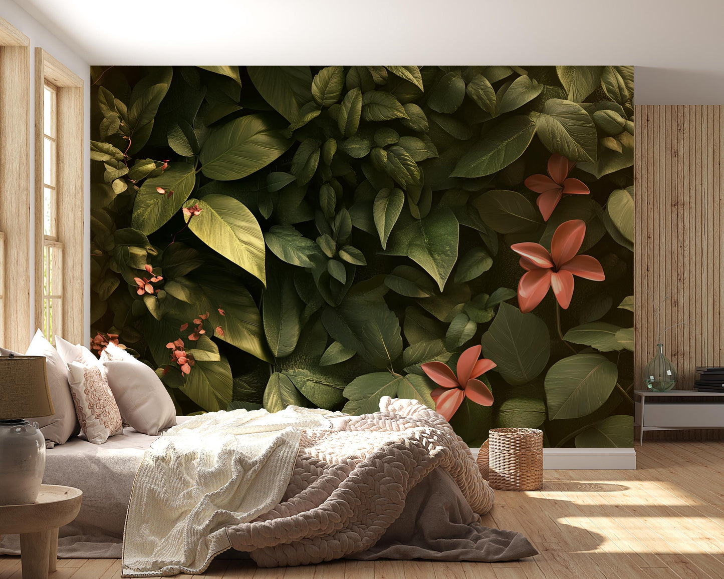 Botanical Leaf Wall Mural | Tropical Green Jungle Wallpaper with 3D Flowers | Bedroom Nature Accent Wall Art Vn234