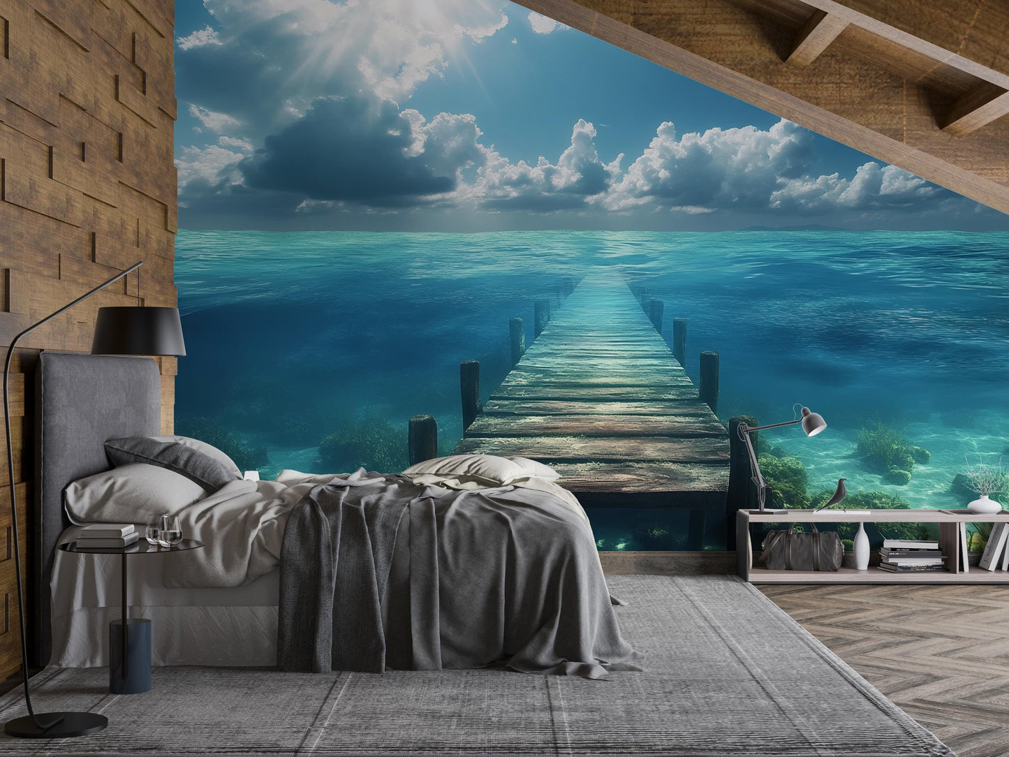 Ocean Dock Wall Mural – Tranquil Seascape Wallpaper for Bedroom, 3D Pier to Horizon, Beach Scene Wall Art, Coastal Home Decor Vn287
