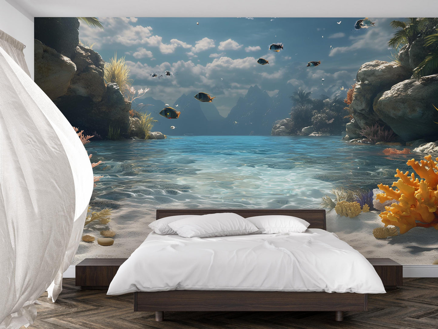 Ocean Paradise Wall Mural | 3D Tropical Beach Wallpaper for Kids Room | Underwater Fish Landscape Bedroom Decor Vn232