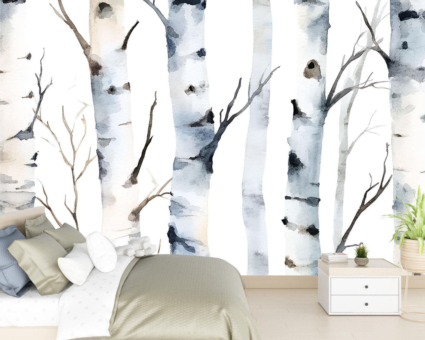 Watercolor Birch Tree Wall Mural | Forest Wallpaper for Bedroom | Scandinavian Nature Wall Art | Removable Peel and Stick Mural Vn487