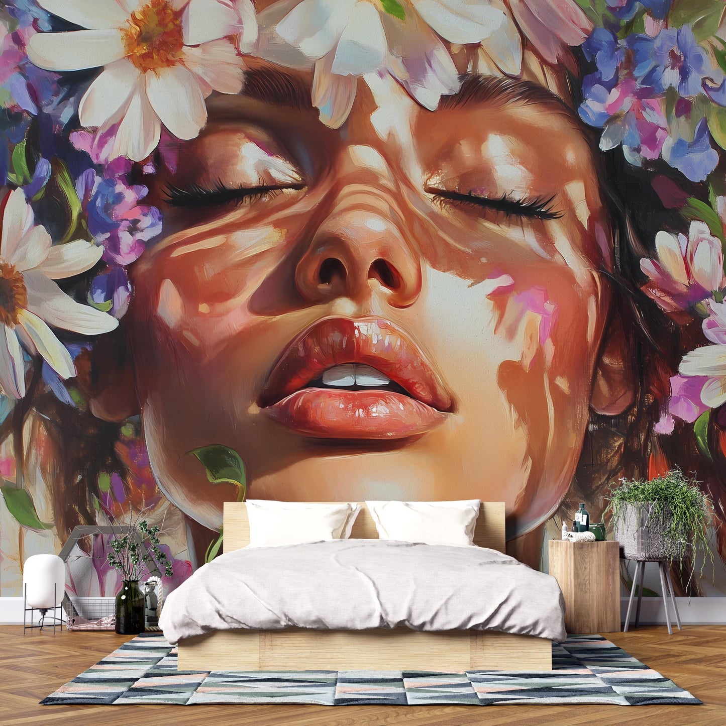 Floral Woman Wall Mural, Large Face Art Bedroom Decor, Boho Flower Headboard Wallpaper, Feminine Nature Mural, Oversized Art Print Vn137