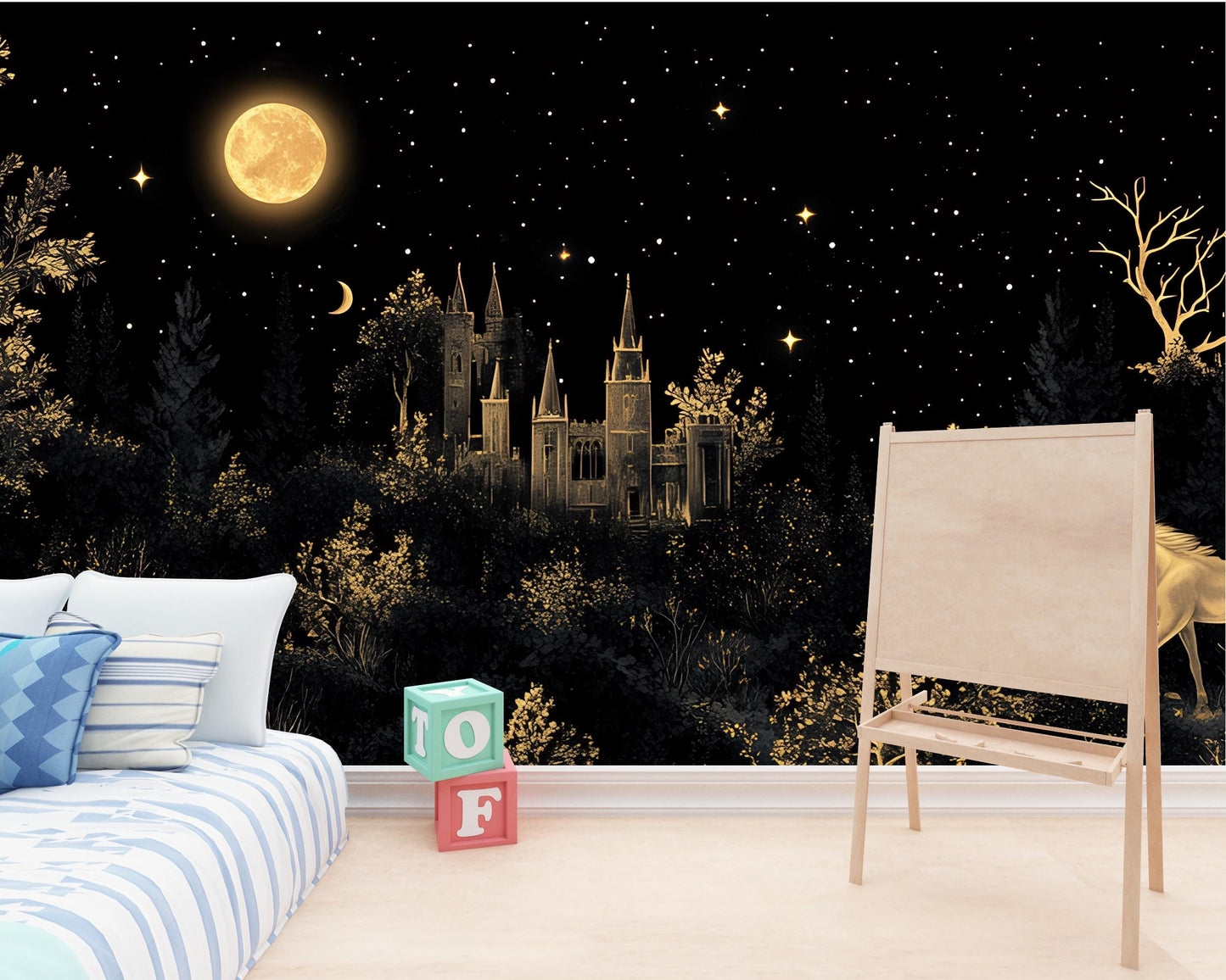 Magical Moonlit Castle Wall Mural – Fantasy Night Sky Wallpaper, Kids Room or Nursery Decor, Glow-Inspired Fairytale Forest Art Vn177