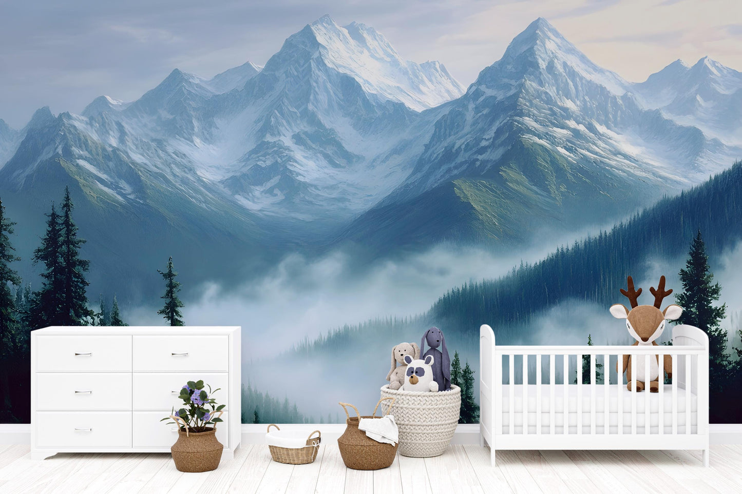 Mountain Nursery Wall Art Mural – Misty Forest Crib Backdrop – Gender Neutral Baby Room Decor – Scenic Wallpaper for Kids Room Vn096