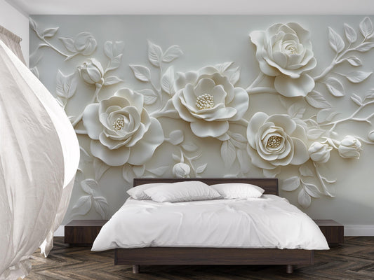 3D Floral Wall Mural for Bedroom β Elegant White Rose Wallpaper β Luxury Textured Flower Wall Art β Romantic Botanical Wall Decor Vn473