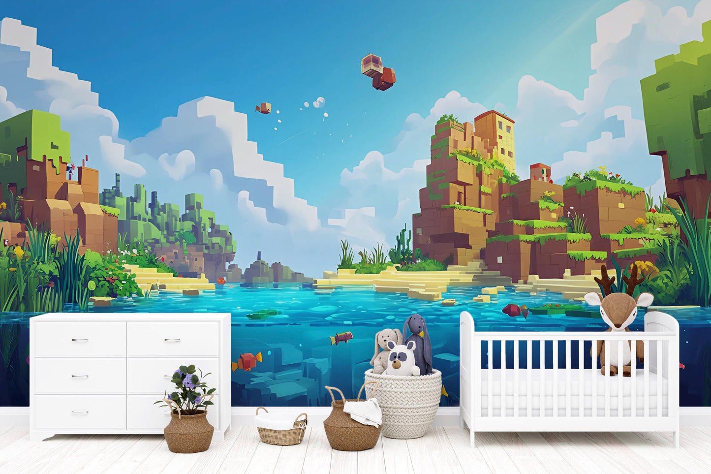 Minecraft Style Kids Wall Mural - Pixel Art Lake Scene Wallpaper - Boys Room Decor Vn280