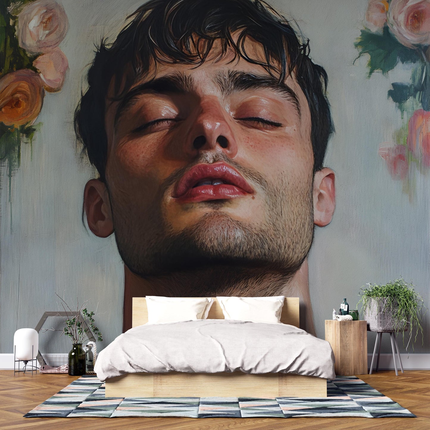Large Modern Portrait Wall Art | Floral Male Face Mural Print | Bold Contemporary Art for Living Room, Bedroom, or Studio Vn138