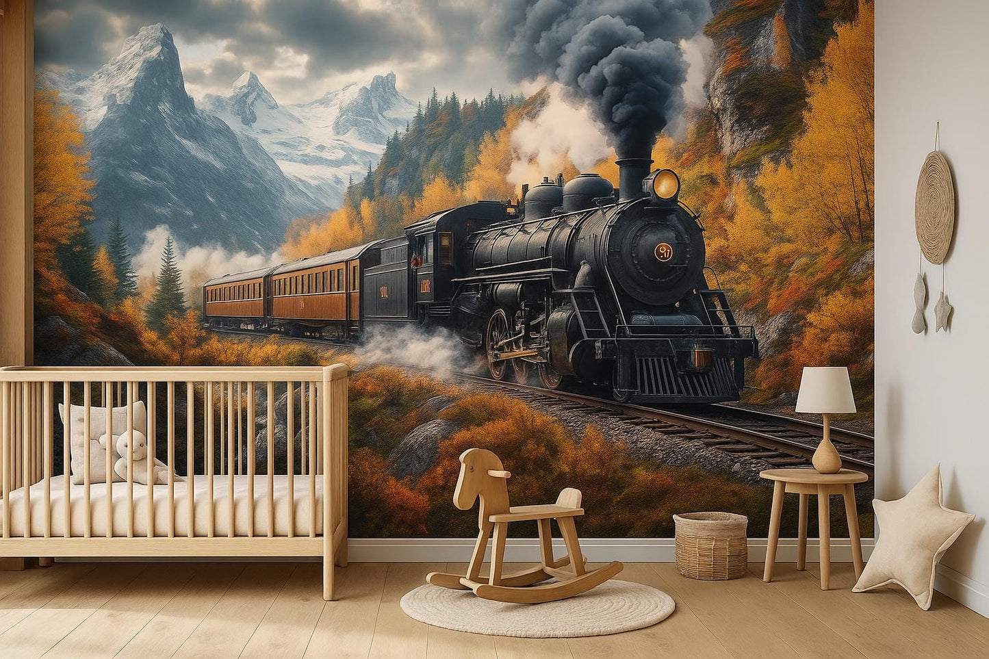 Vintage Steam Train Wall Mural for Kids Room – Adventure Forest Railway Wallpaper Vn224