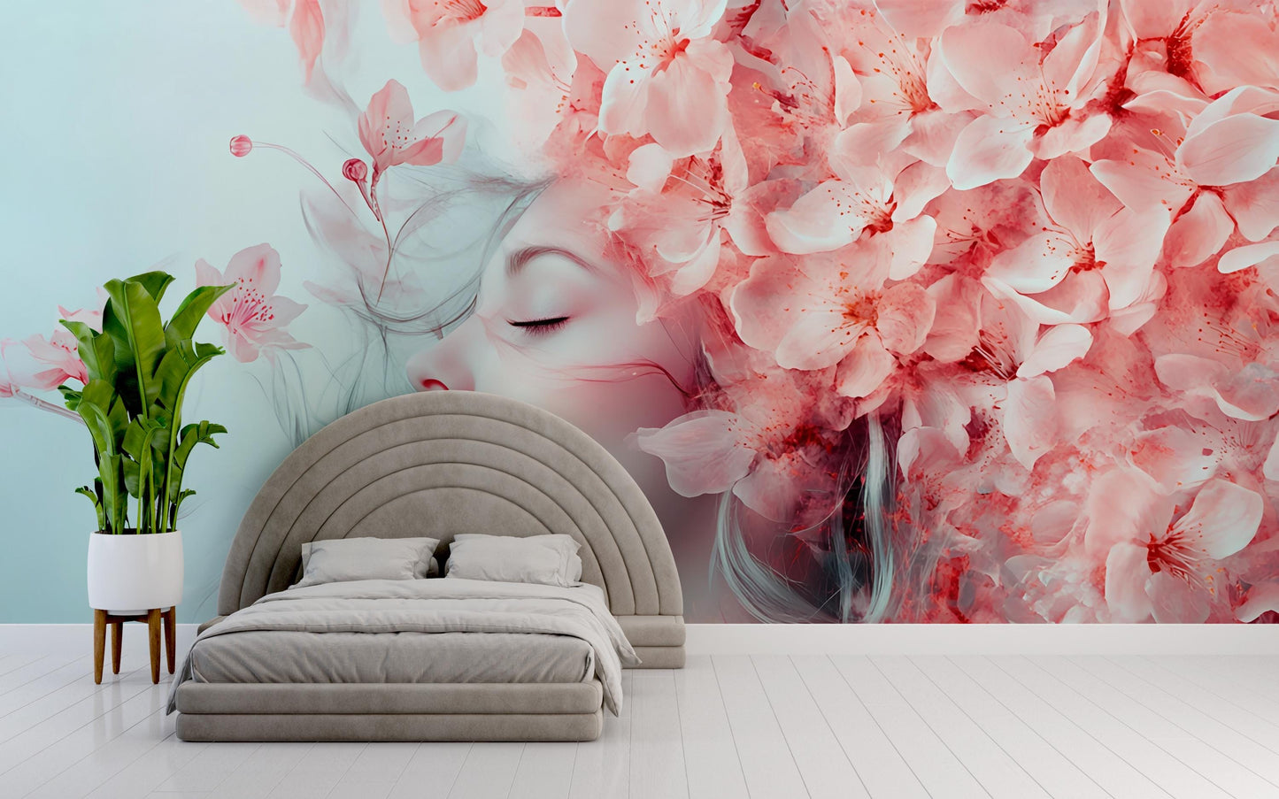 Floral Woman Wall Mural - Soft Pink Blossoms & Dreamy Face Art - Feminine Bedroom Decor - Modern Artistic Flower Wallpaper Vn269