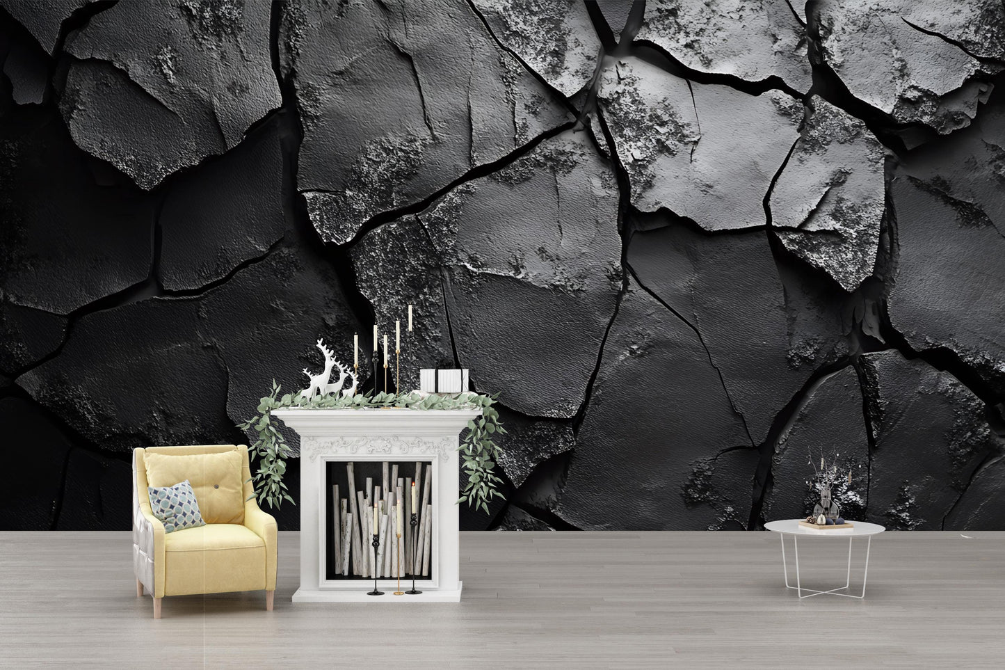 Modern Cracked Black Wall Mural | Textured Abstract Wallpaper | Luxury 3D Look Accent Wall Art for Living Room or Office Vn244