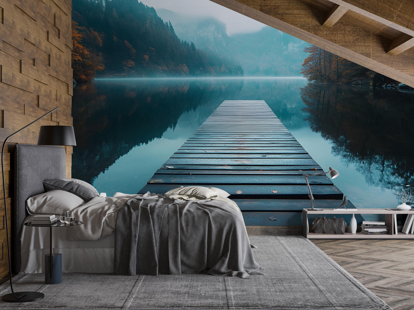 Serene Lake Pier Wall Mural – Tranquil Forest Water Landscape Wallpaper for Bedroom or Living Room Art Vn480