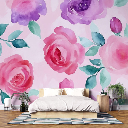 Romantic Pink Floral Watercolor Wall Mural | Rose & Peony Removable Wallpaper | Large Flower Accent Wall for Bedroom Decor Vn474