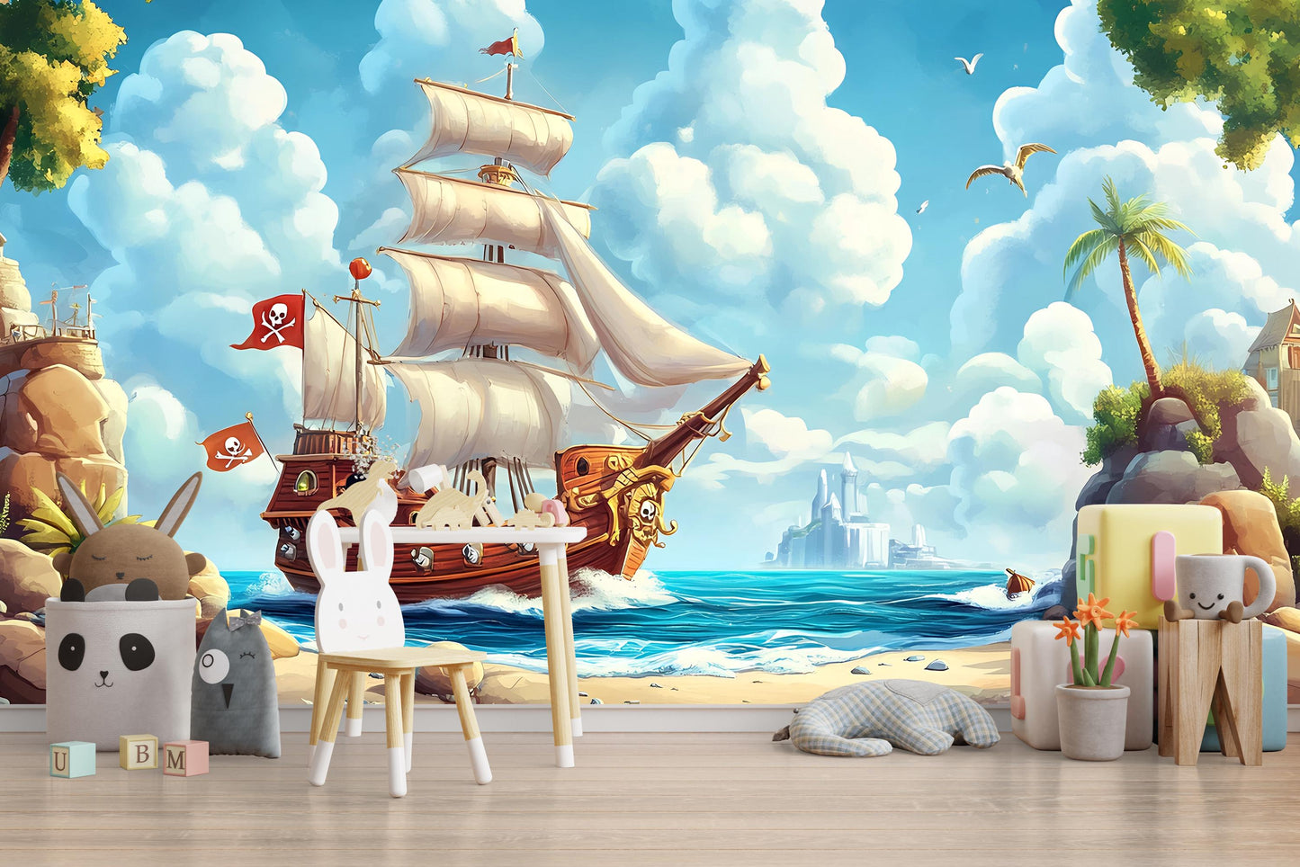 Pirate Ship Kids Wall Mural – Nautical Ocean Adventure Wallpaper for Nursery or Playroom – Cartoon Pirate Decor Vn 311