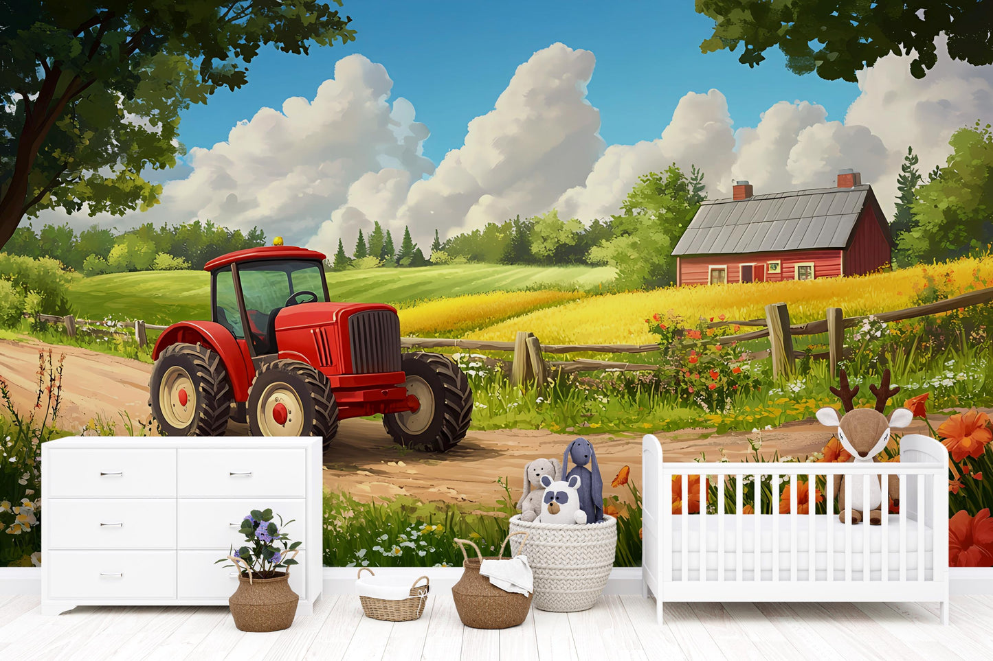 Farm Tractor Wall Mural for Kids Room – Red Tractor & Countryside Scene Vn312