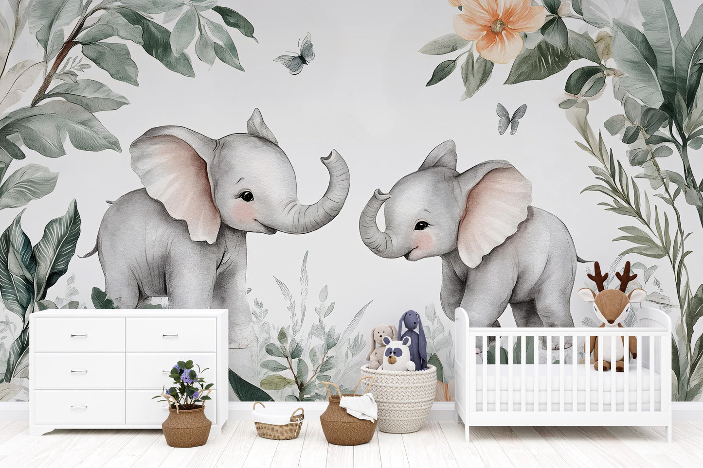 Baby Elephant Nursery Wall Mural - Jungle Safari Animal Wallpaper - Cute Kids Room Decor Vn276