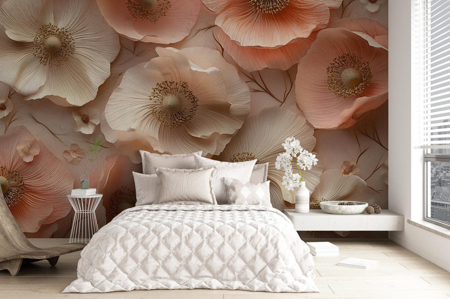 3D Floral Wall Mural for Bedroom – Peach Cream Poppy Flower Wallpaper – Elegant Large Flower Accent Wall Art Vn326