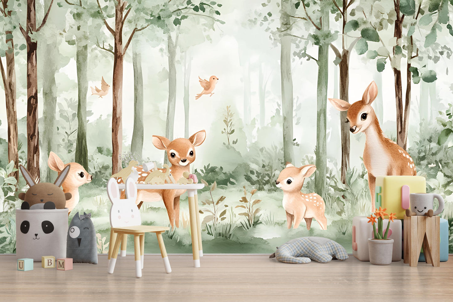 Forest Animal Nursery Wall Mural – Woodland Deer Wallpaper – Baby Room Decor – Removable Kids Wall Art – Gender Neutral Nursery Vn 297