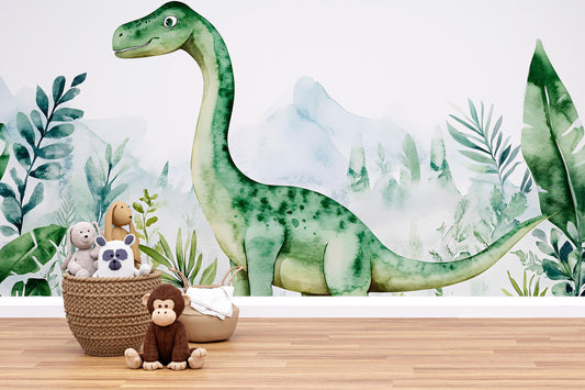 Watercolor Dinosaur Wall Mural for Kids Room – Green Jungle Dino Nursery Wallpaper – Playroom Decor – Removable Peel & Stick Vn404