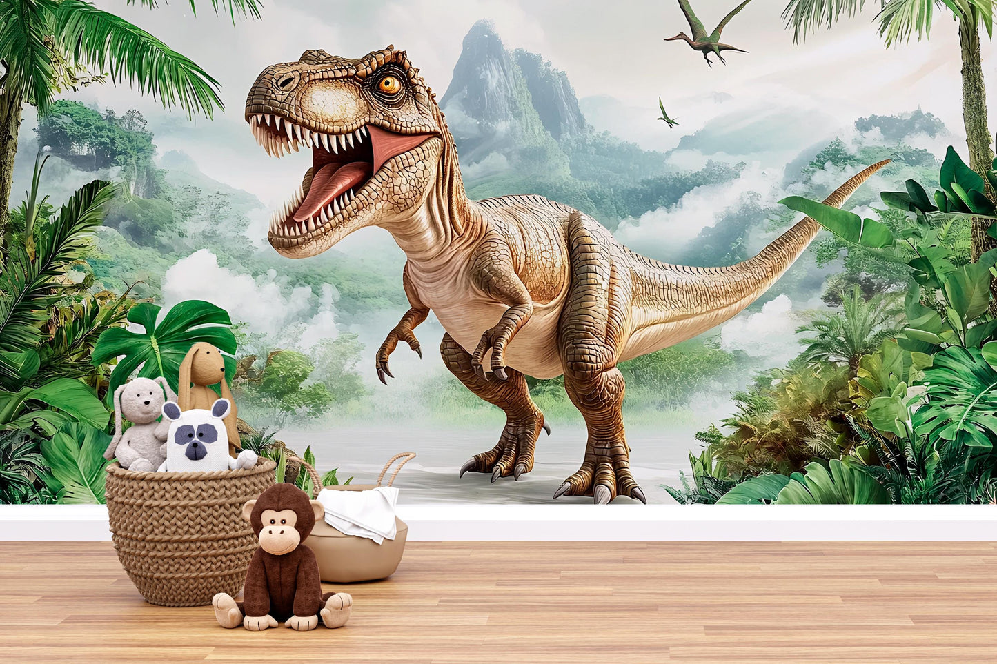 T-Rex Dinosaur Wall Mural for Kids Room – Jungle Prehistoric Wallpaper – Boys Nursery Dino Decor – Large Wall Art Poster Vn402