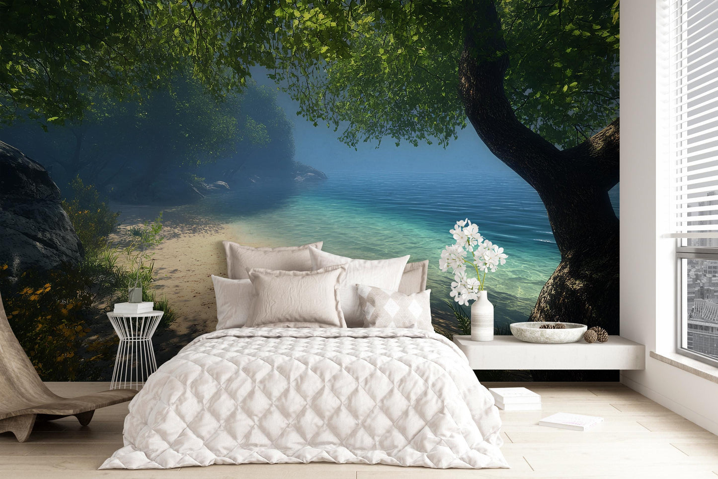 Tropical Beach Wall Mural for Bedroom – Serene Ocean Landscape Wallpaper – Nature-Inspired Room Decor Vn290