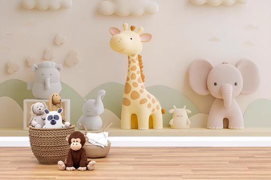 Soft Safari Nursery Wall Art | Giraffe Elephant Jungle Animals Decor | 3D Baby Room Mural | Gender Neutral Nursery Print Vn425