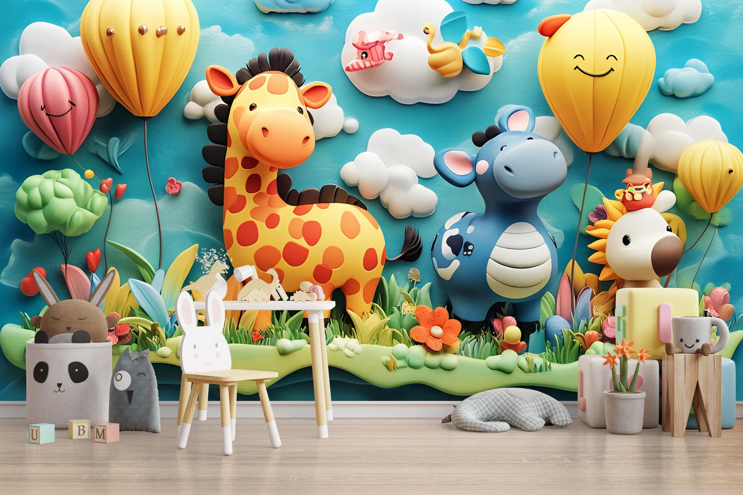 Whimsical Safari Animal Wall Mural – Giraffe, Hippo & Jungle Friends | Kids Room Decor Vn325