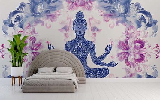 Boho Yoga Wall Mural | Meditating Woman Art | Zen Floral Tapestry for Bedroom DΓ©cor Vn481