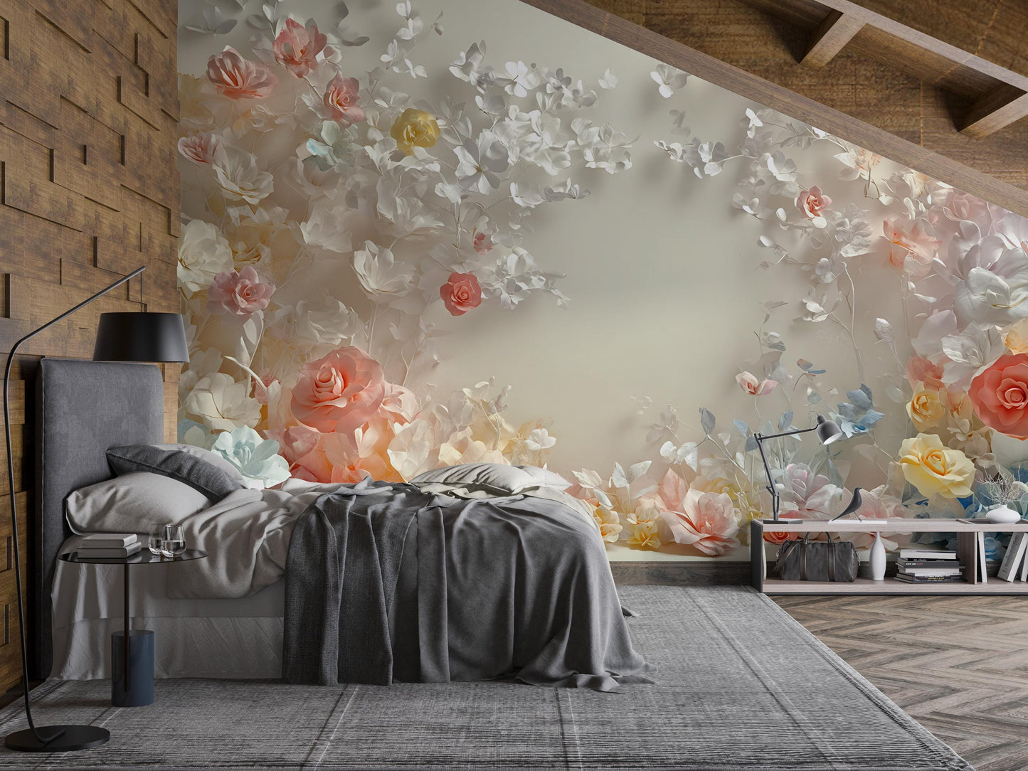 Romantic 3D Floral Wall Mural – Elegant Rose Flower Bedroom Wallpaper Vn469