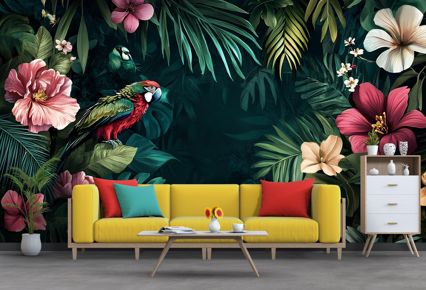 Tropical Parrot Jungle Wall Mural – Exotic Floral Wallpaper with Hibiscus & Macaw for Living Room or Office Accent Wall Vn214