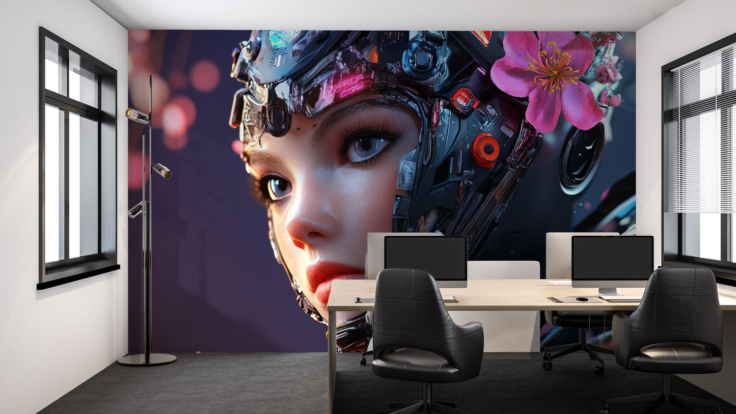 Cyberpunk AI Girl Wall Mural – Futuristic Tech Art Office Decor – Sci-Fi Female Robot Face – Anime Mecha Aesthetic Wallpaper Vn200