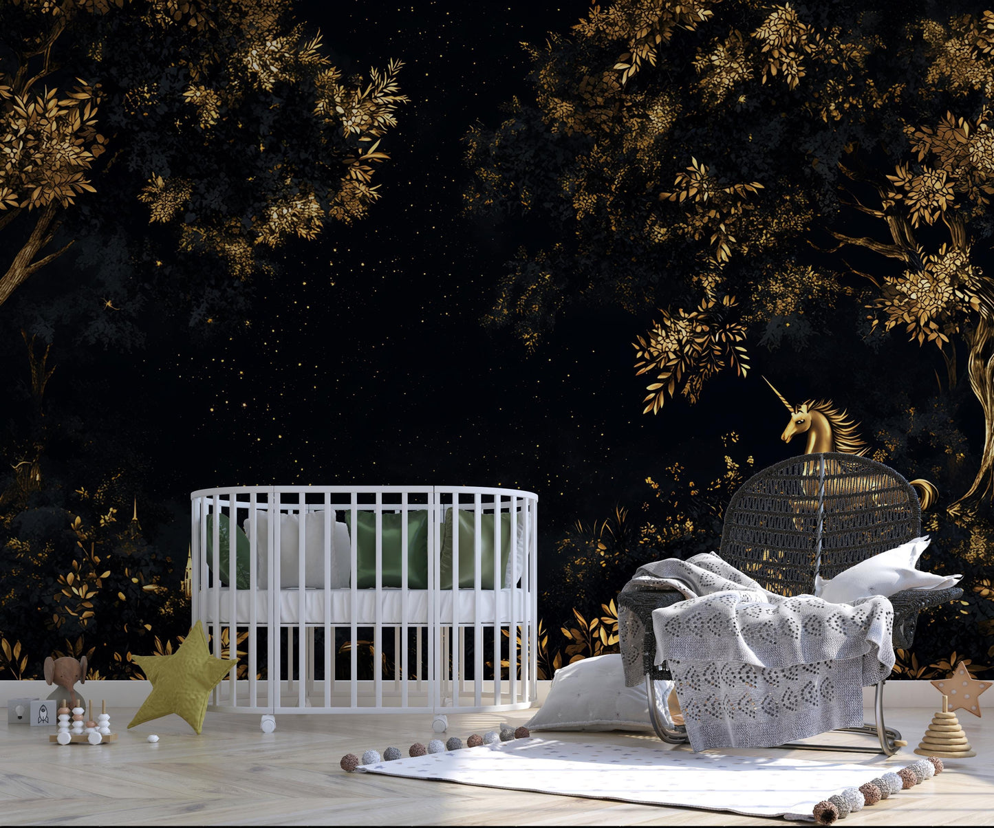 Magical Unicorn Forest Mural Wallpaper – Kids Room Dark Gold Fantasy Wall Art Vn179