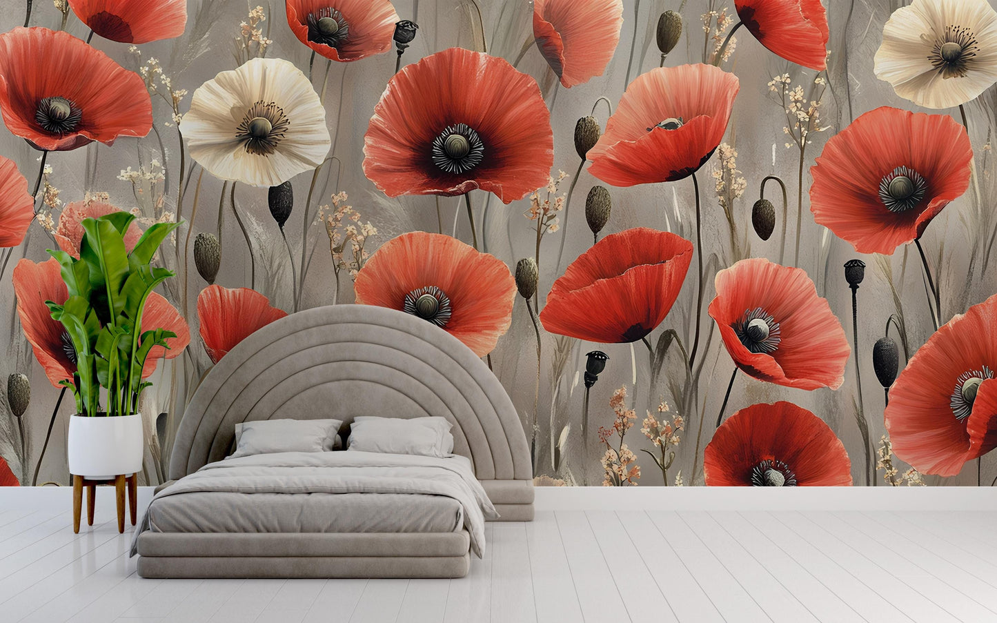 Red Poppy Floral Wall Mural – Large Botanical Flower Wallpaper for Bedroom, Living Room, or Accent Wall Décor Vn333