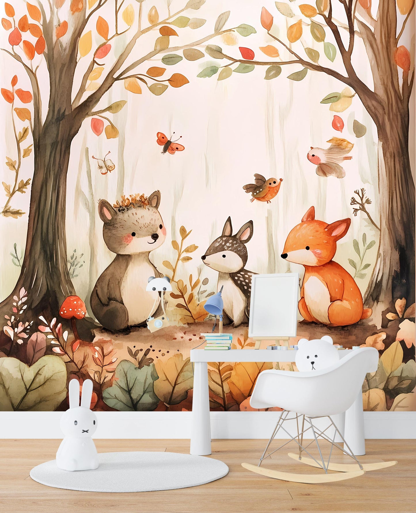 Woodland Animal Nursery Wall Mural - Forest Friends Wallpaper for Kids Room - Cute Bear Deer Fox Wall Art - Nature Baby Room Decor Vn060