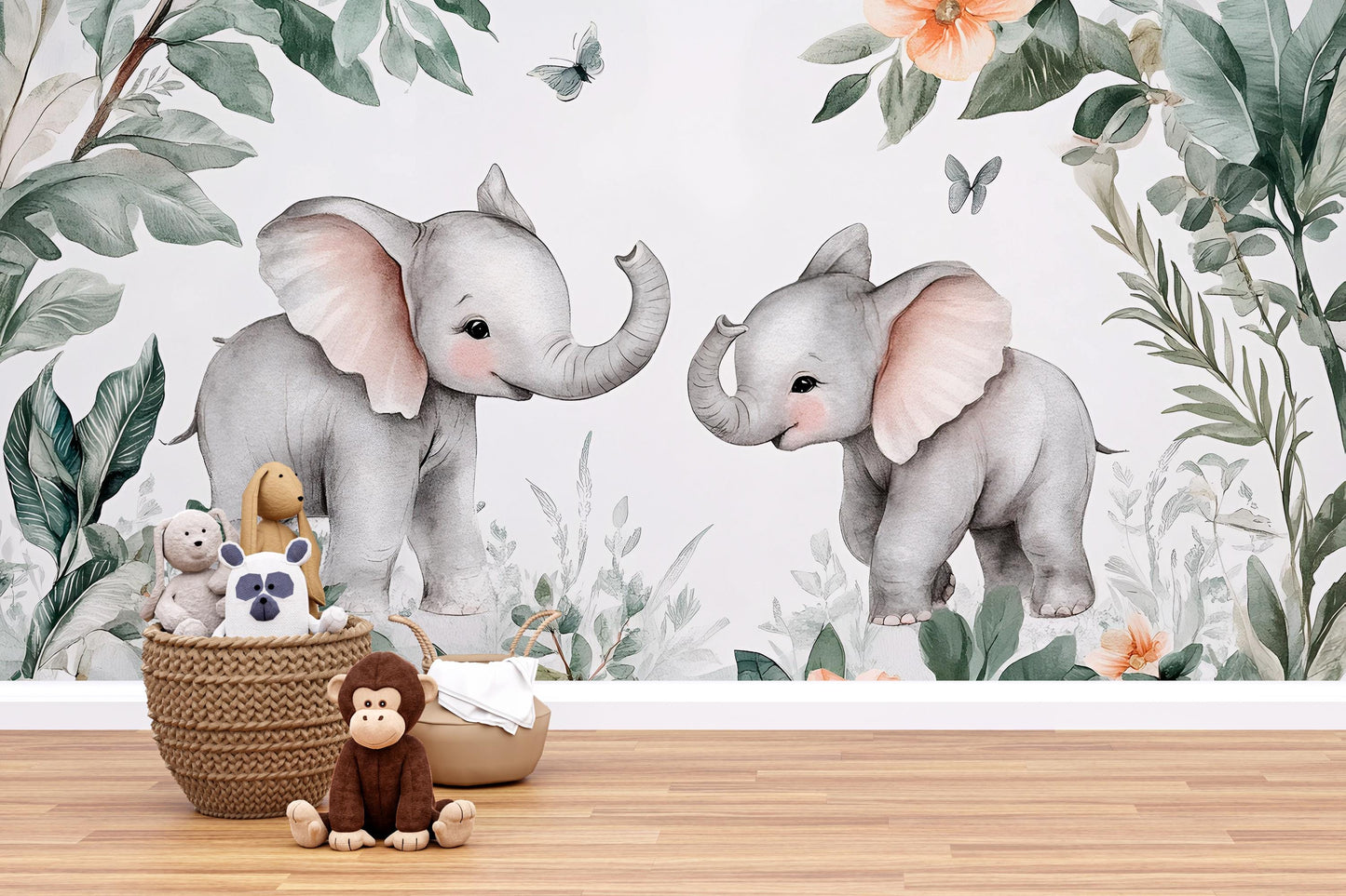 Baby Elephant Nursery Wall Mural - Jungle Safari Animal Wallpaper - Cute Kids Room Decor Vn276
