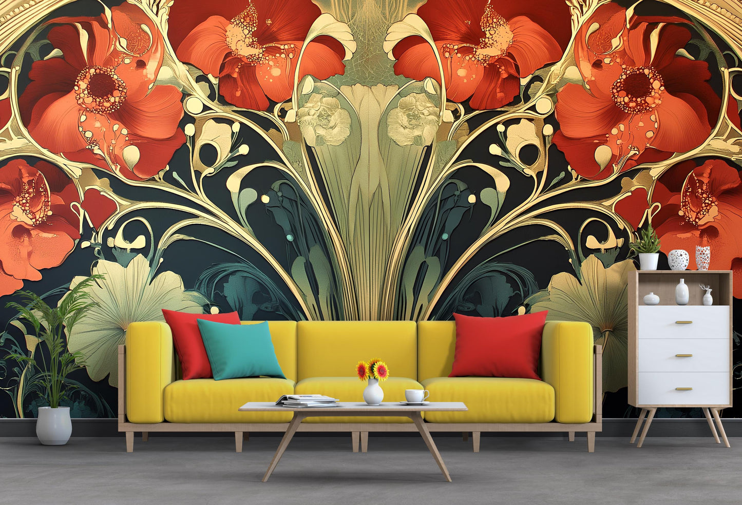 Boho Art Nouveau Floral Wall Art – Bold Red Poppy Canvas Print for Eclectic Living Rooms Vn191