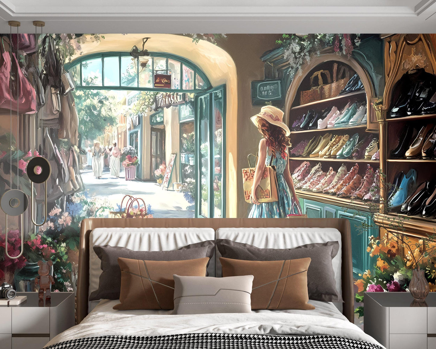 Romantic European Street Scene Wall Mural – Woman Shopping in Shoe Boutique – Elegant Bedroom Wall Art Vn061