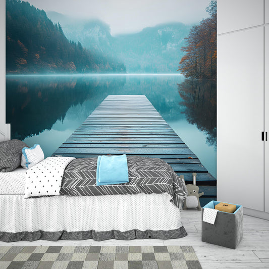 Serene Lake Pier Wall Mural β Tranquil Forest Water Landscape Wallpaper for Bedroom or Living Room Art Vn480