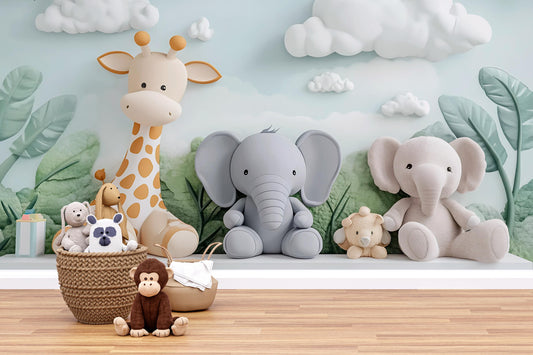 Safari Nursery Wall Art, Jungle Animal Mural Wallpaper, Giraffe Elephant Baby Room Decor, Cute Animal Wall Decal Vn432