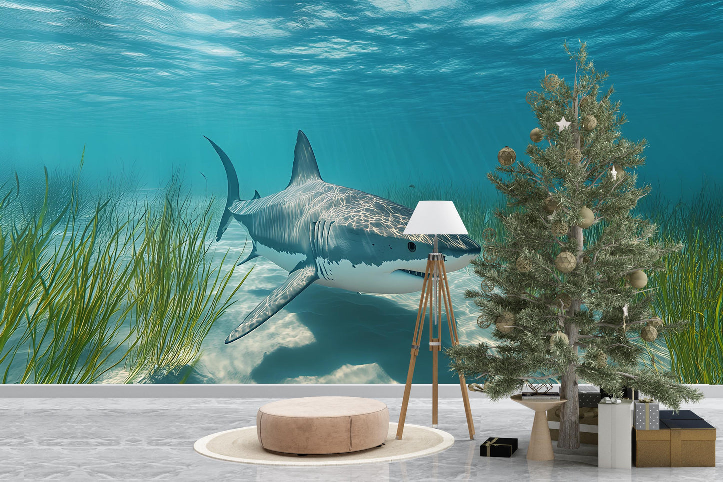 Underwater Shark Wall Mural – Realistic Ocean Wallpaper with Great White Shark – 3D Ocean Scene Accent Wall Vn385