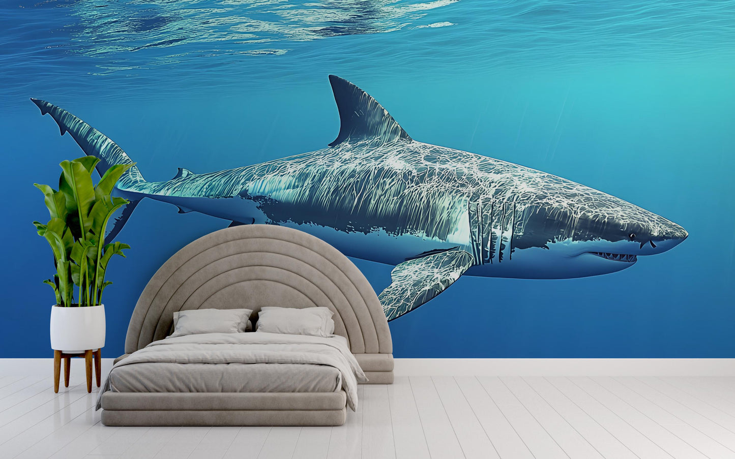Great White Shark Wall Mural – Ocean Theme Bedroom Decor – Underwater Shark Wallpaper Vn386
