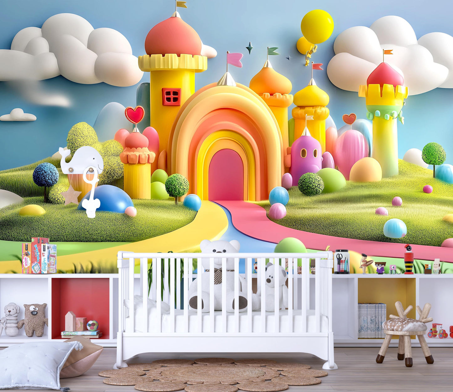 Colorful Fantasy Castle Nursery Wall Art | Whimsical Baby Room Mural | Rainbow Fairy Tale Print for Kids Room | Digital Download Vn331