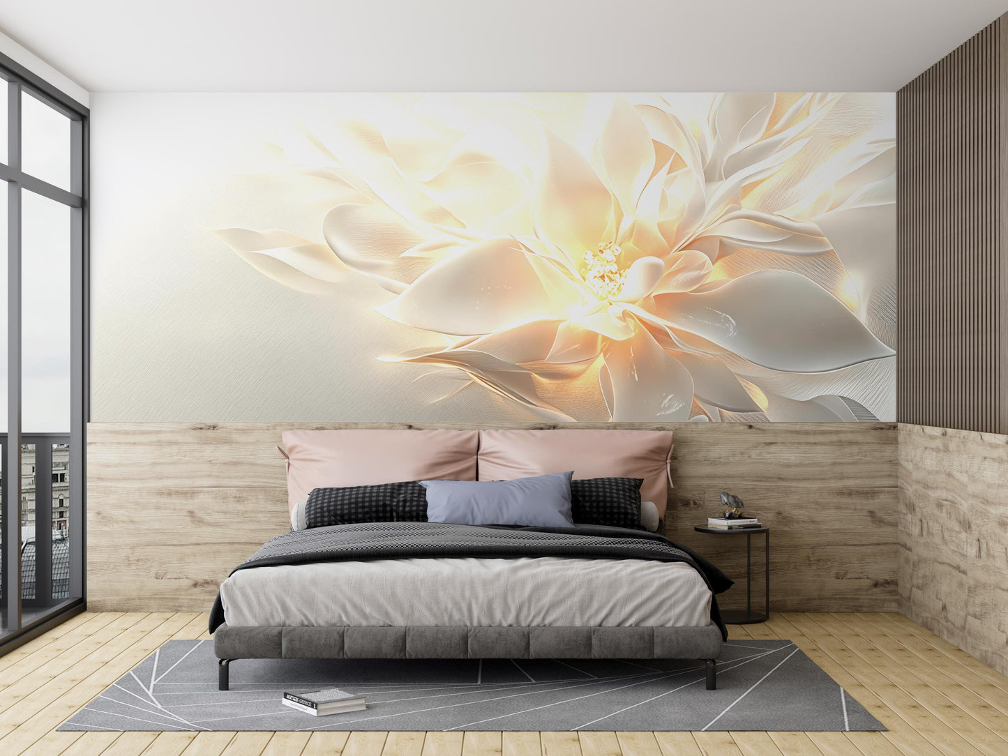 Floral Wall Mural Bedroom Decor – Soft Neutral Flower Wallpaper for Modern Interior, Elegant Wall Art for Bedroom or Living Room Vn266
