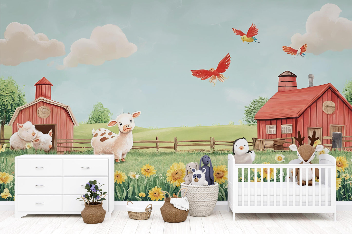 Farm Animal Wall Mural for Kids Room – Cartoon Barnyard Wallpaper with Piglet, Birds, Sunflowers – Nursery Farm Theme Decor Vn317