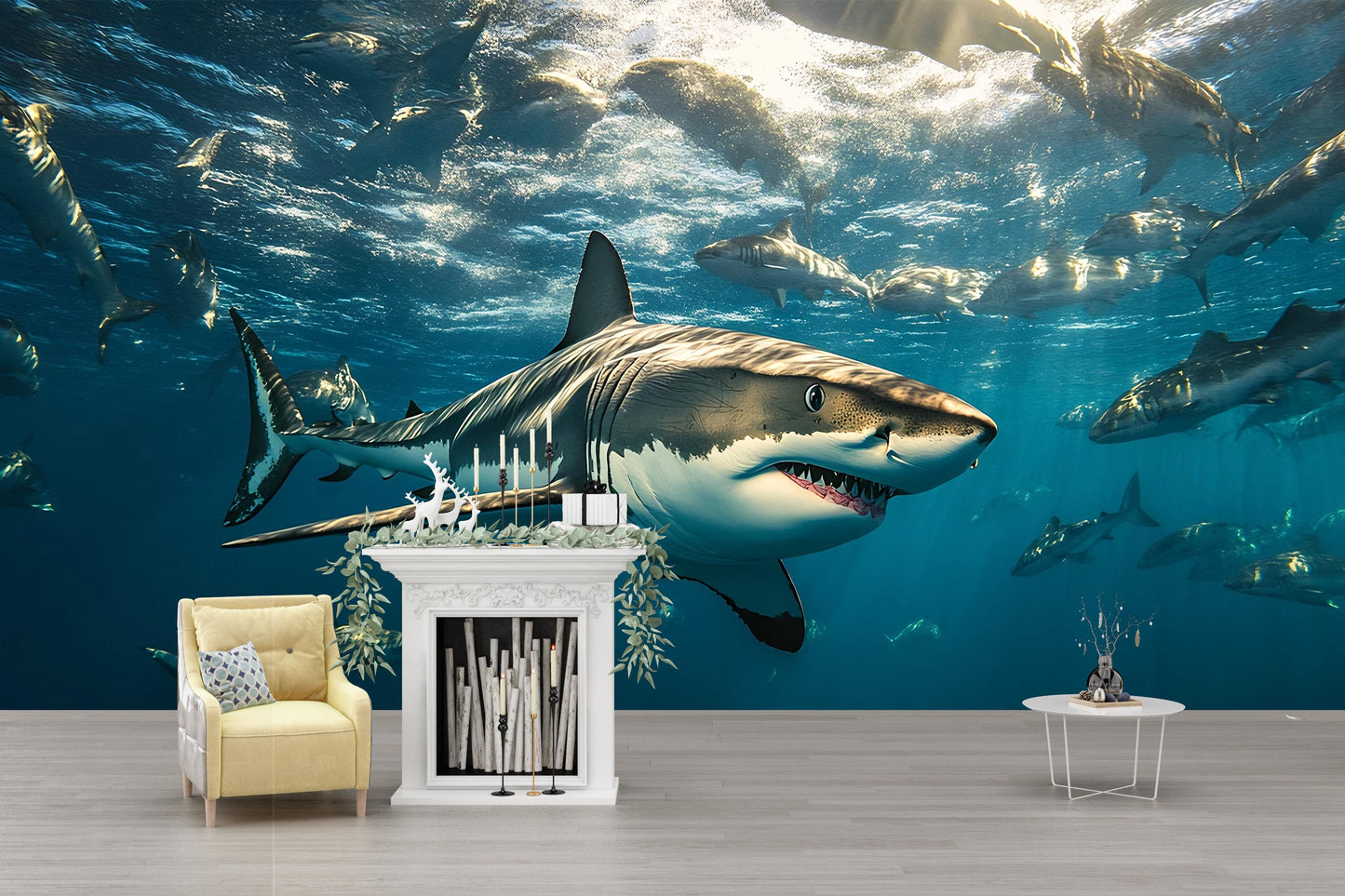 Shark Ocean Wall Mural | 3D Underwater Shark Wallpaper | Great White Shark Decor | Ocean Scene Wall Art | Sea Life Room Accent Vn388