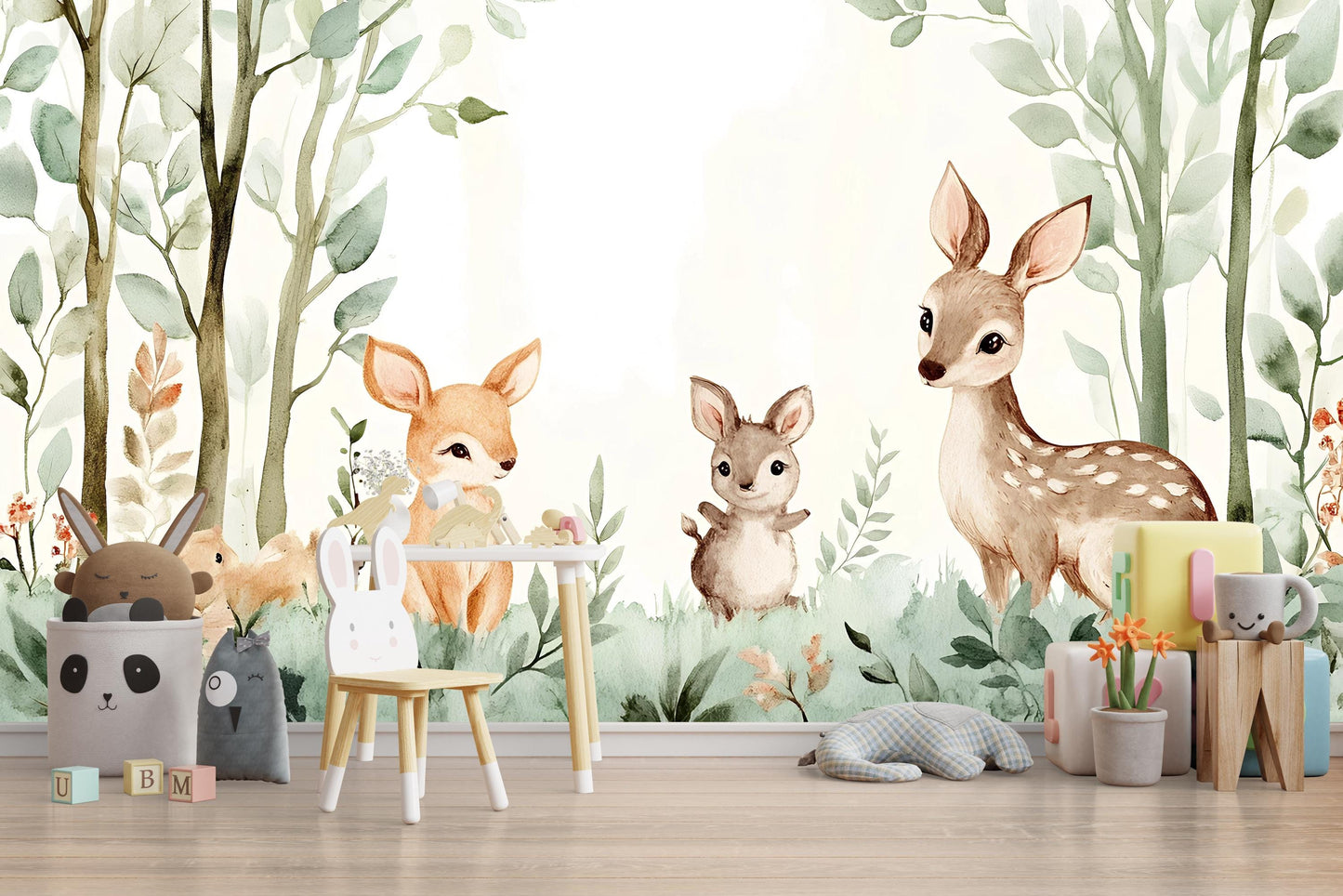 Woodland Animal Nursery Wall Mural – Deer & Bunny Forest Wallpaper – Baby Room Decor – Removable Kids Wall Art Vn 296