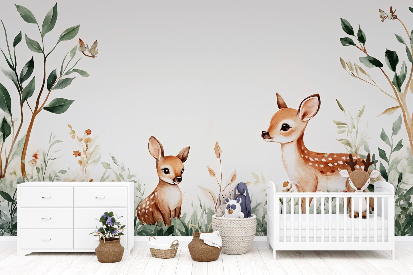Whimsical Deer Wall Mural for Nursery – Woodland Baby Room Décor – Removable Vinyl Sticker – Forest Animal Vn340