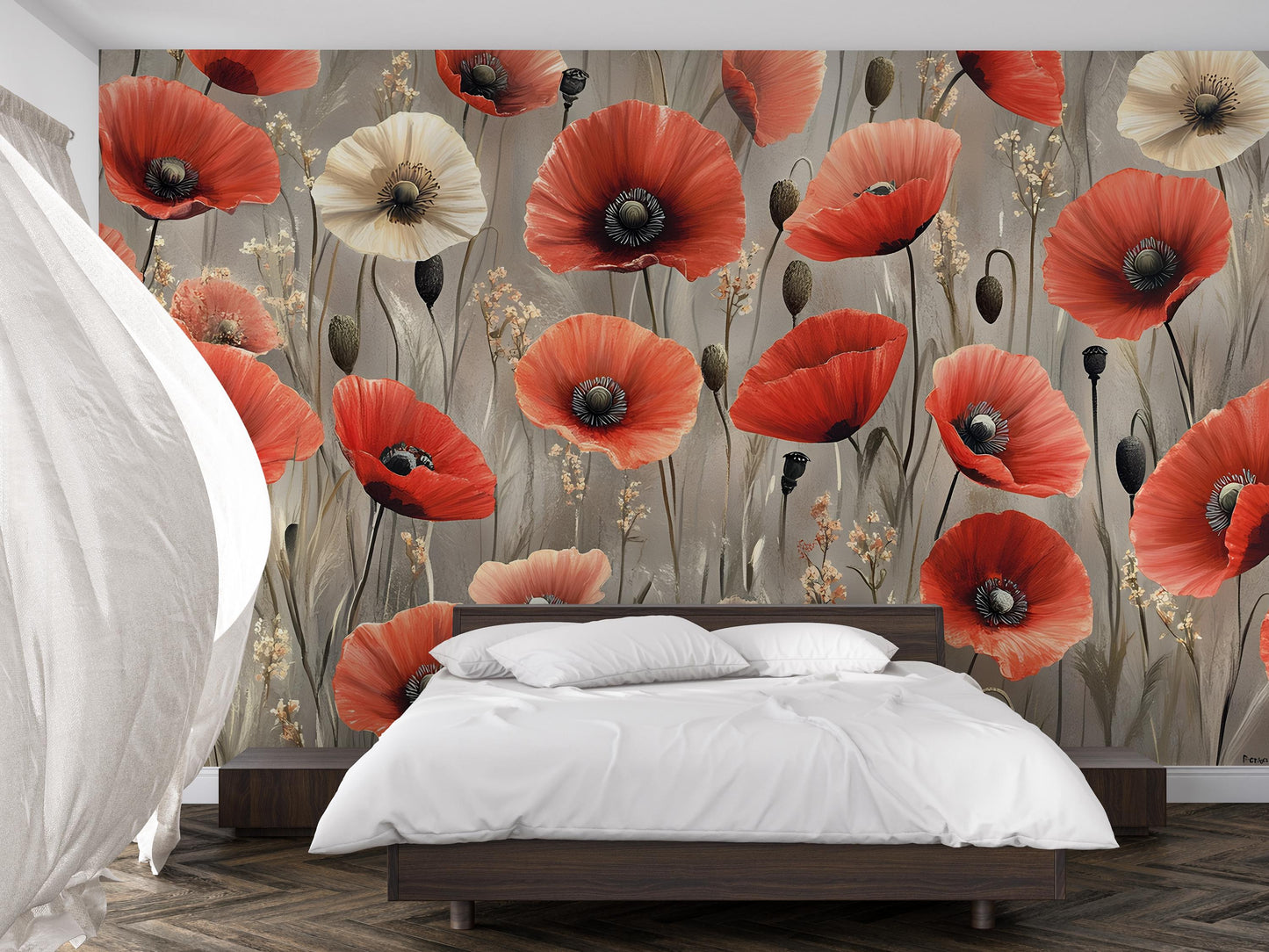 Red Poppy Floral Wall Mural – Large Botanical Flower Wallpaper for Bedroom, Living Room, or Accent Wall Décor Vn333